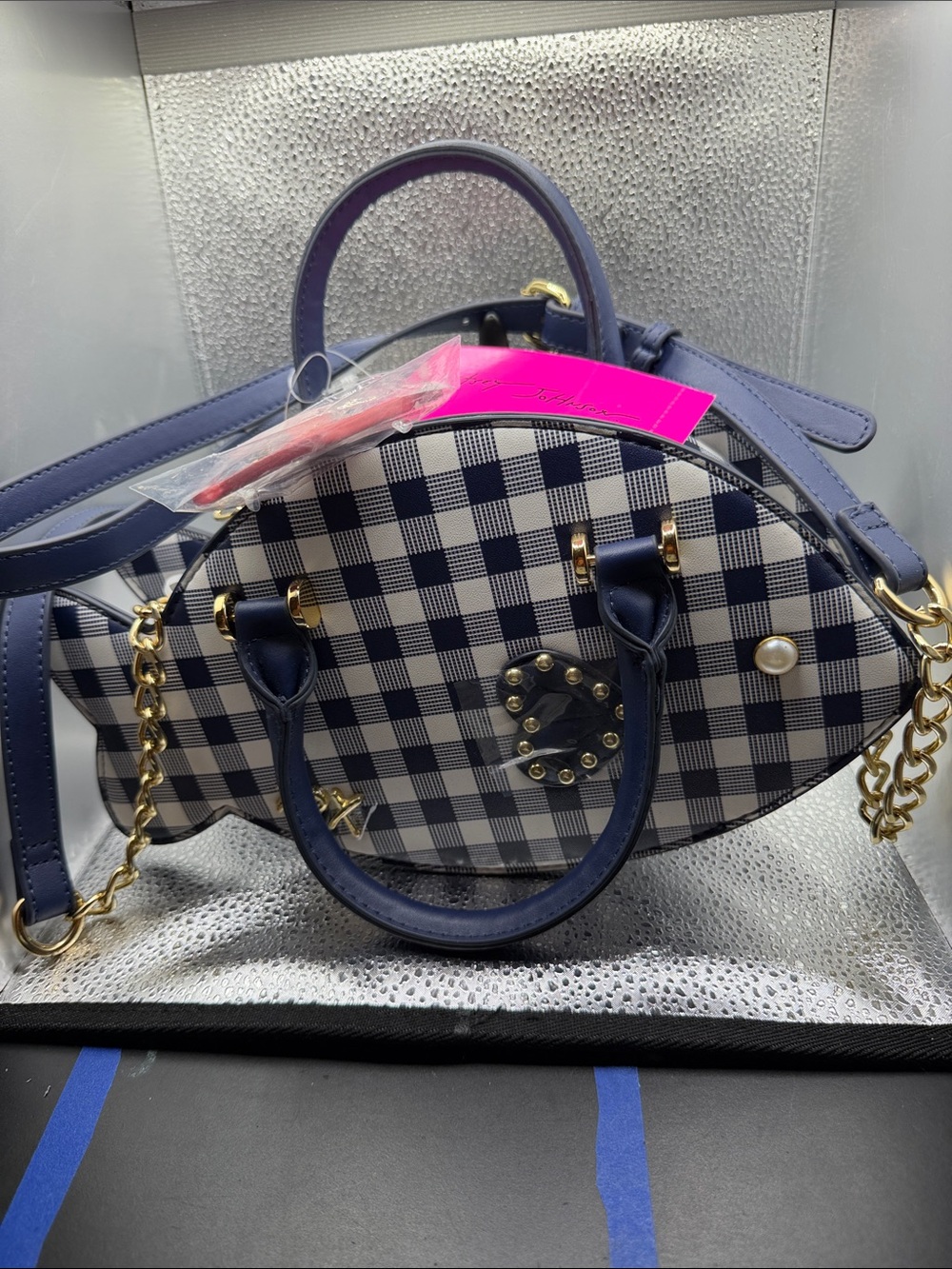 Betsey Johnson Navy and White Gingham Satchel with Gold Hardware